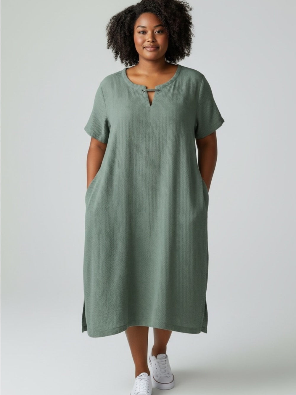 Batela Sea Style Olive Green Ribbed Dress - EU 44, Stretch, Pockets